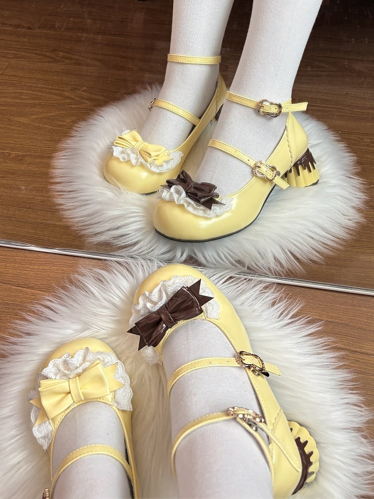 in Brown at Lace Lolita Trim Round Mid Toe Bow PU Top. Heel Heels Pudding Sweet Yellow