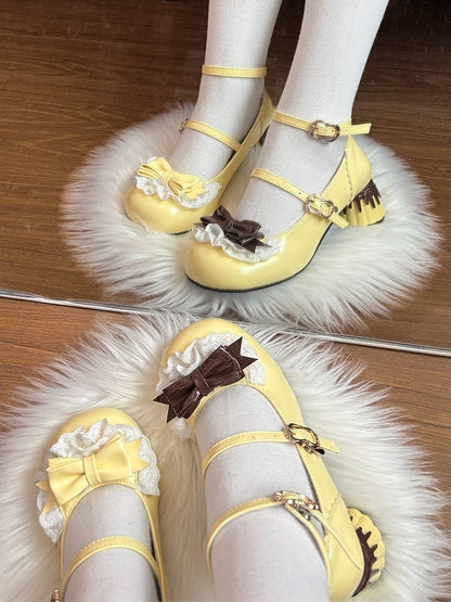in Brown at Lace Lolita Trim Round Mid Toe Bow PU Top. Heel Heels Pudding Sweet Yellow
