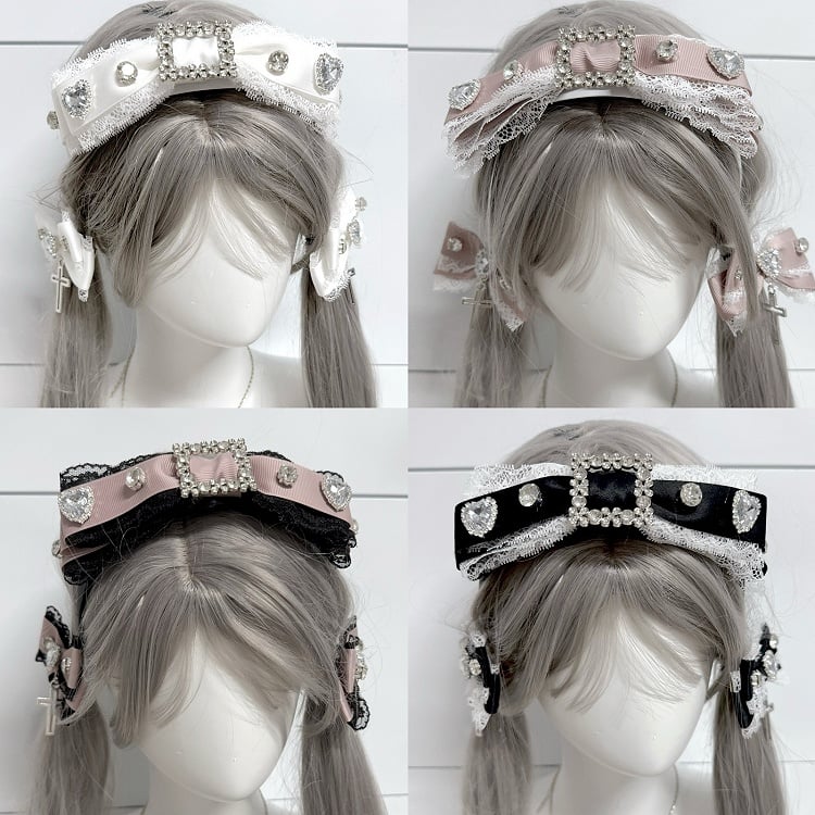 Jirai Kei Lace Bow Headband with Rhinestones