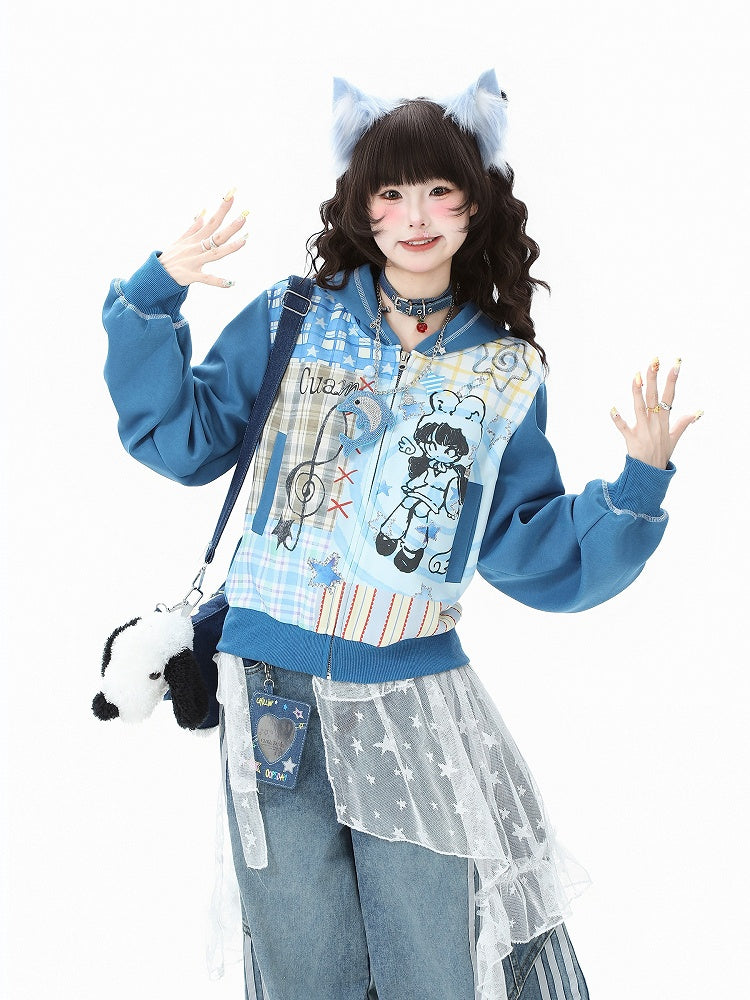 Girl Cartoon Zip-Up Patchwork Print Plaid with Blue/Beige Hoodie Winged