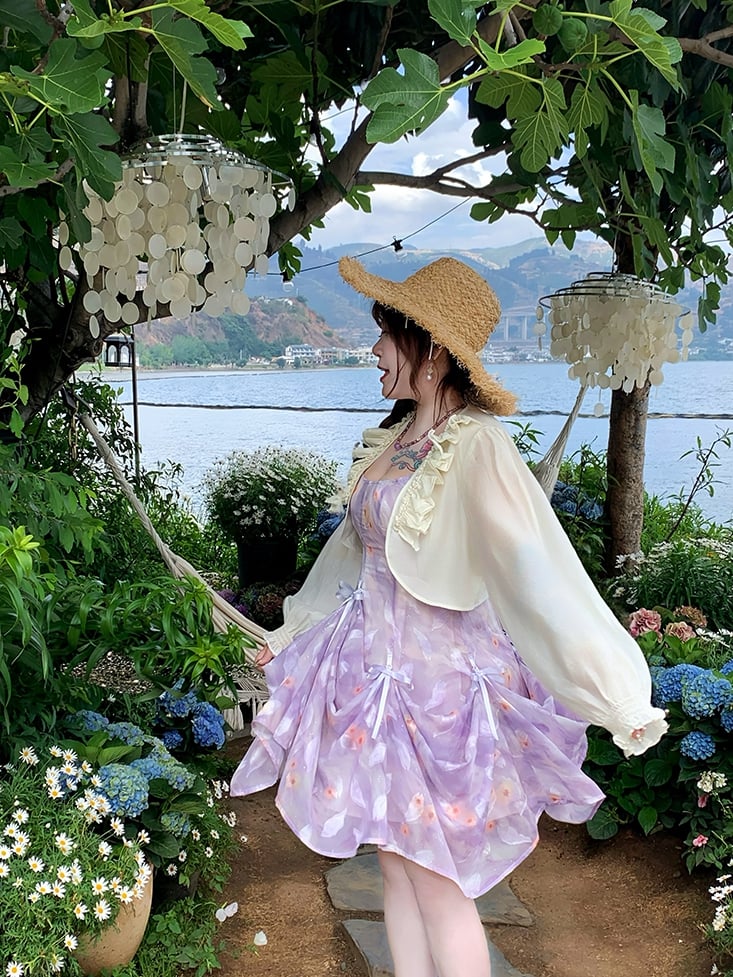 Details Chiffon-Camisole-Kleid mit Blumenmuster, drei Möglichkeiten, Übergröße, lila Schleifen