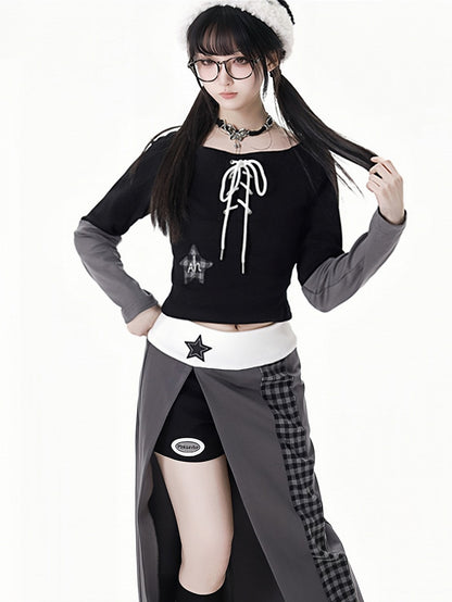 Schwarzes Top mit schulterfreiem Ausschnitt, Stern-Applikation und Schnürdetail