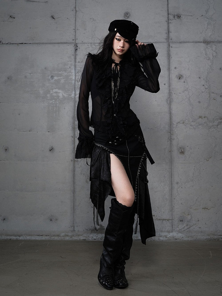 with Lace Tie-Neck Delicate Blouse Vintage Black Accents Princess