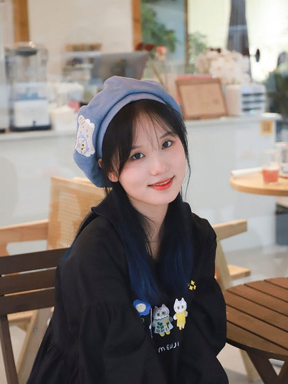 ライトブルー/ダークブルーのキュートなキティベレー帽