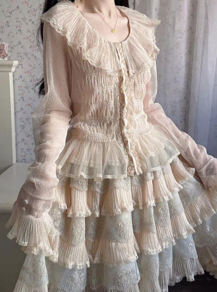 Beige Elegant Lolita Sleeves Blouse with Hem Ruffled Long