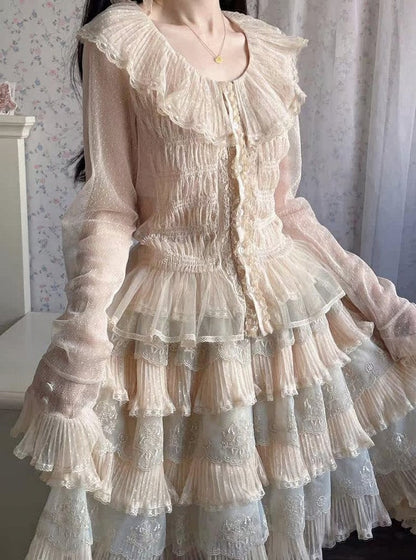 Beige Elegant Lolita Sleeves Blouse with Hem Ruffled Long