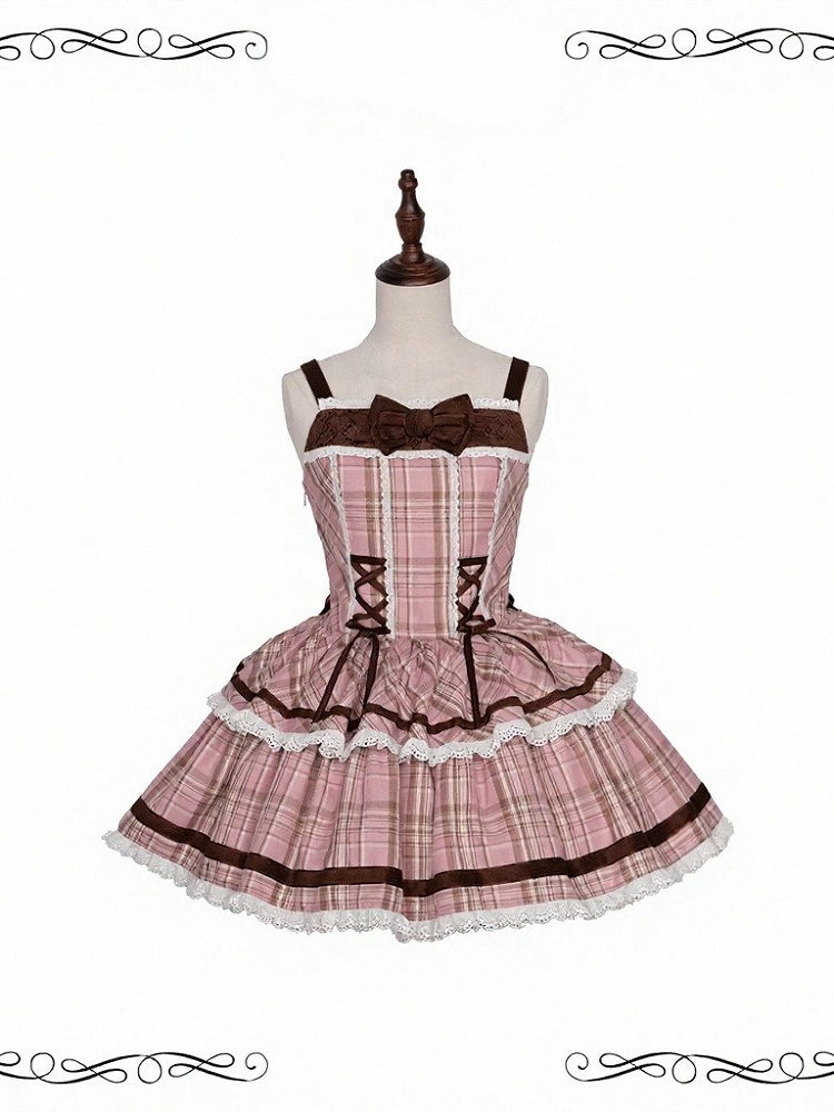Short Jumper Skirt in Soft Pink Plaid with Lace-up Detail & Bowknot Brooch - iris de nuit