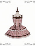 Short Jumper Skirt in Soft Pink Plaid with Lace-up Detail & Bowknot Brooch - iris de nuit