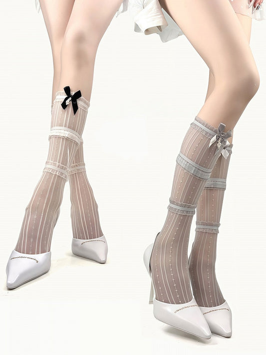 with Charms 4 Ruffles Bowknot Colors Socks Decorated Calf Bead Three-Layer