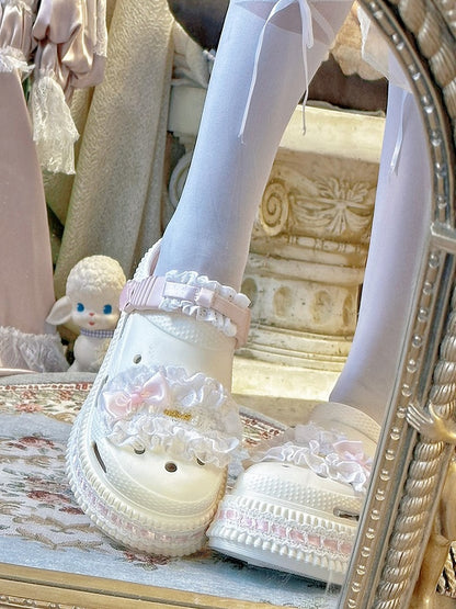 Details Bow Beige - Pink Clogs Sweet Lolita