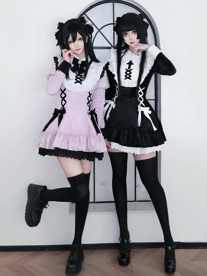 Accents Lacing Bow Lolita Juliette with and Pink Gothic Sleeves Dress
