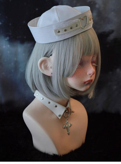 White Studded Heart-shaped Ring Lace Sailor Hat