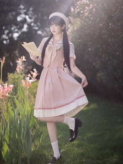 Sleeves Sweet Beige Embroidery Short Collar Sakura Top with Pink Sailor