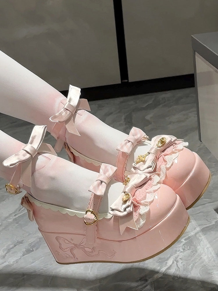 Bowknot Details Platforms Lolita Sweet Spoon Decorated Pink
