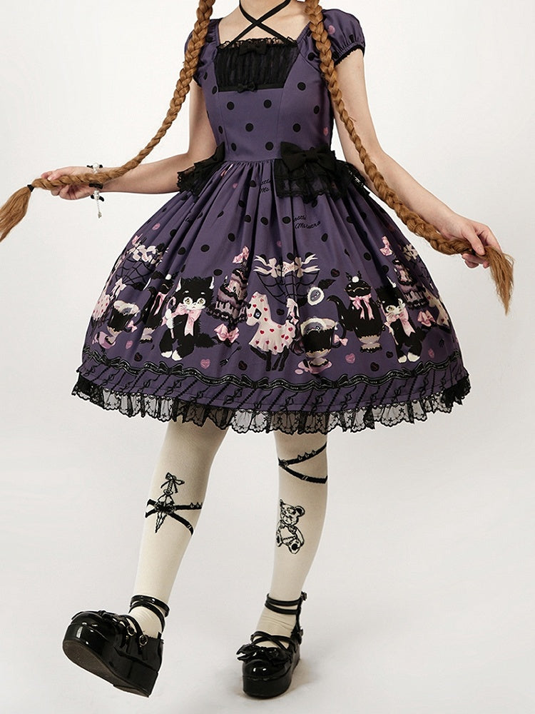 Black Purple Sweet with Print Polka Bow Lolita Cat Accents Dot Dress