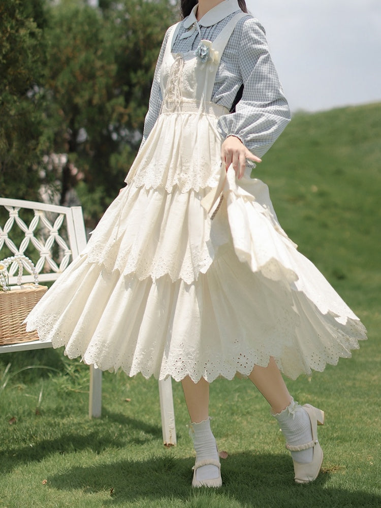 Lace-up White Cottagecore High Waist Overall Dress Tiered Skirt