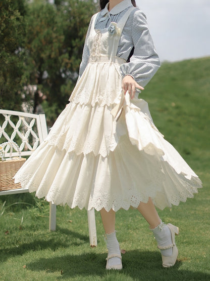 Lace-up White Cottagecore High Waist Overall Dress Tiered Skirt