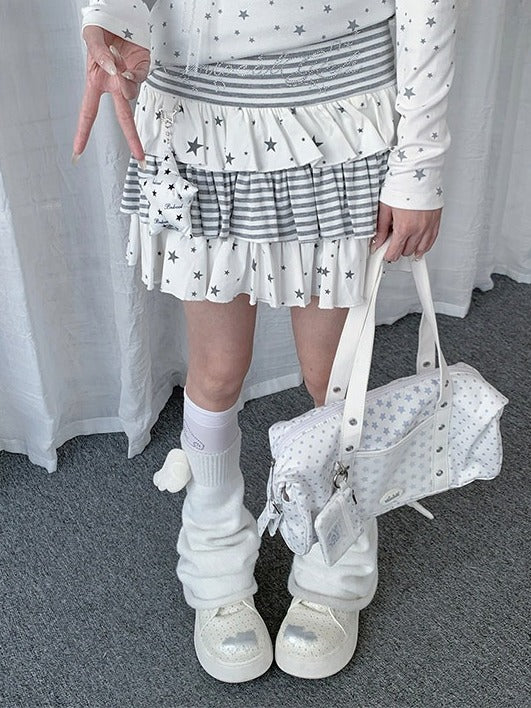 Two-Color Layered Ruffle Star and Stripe Skirt Set with Pendant - Solkatt