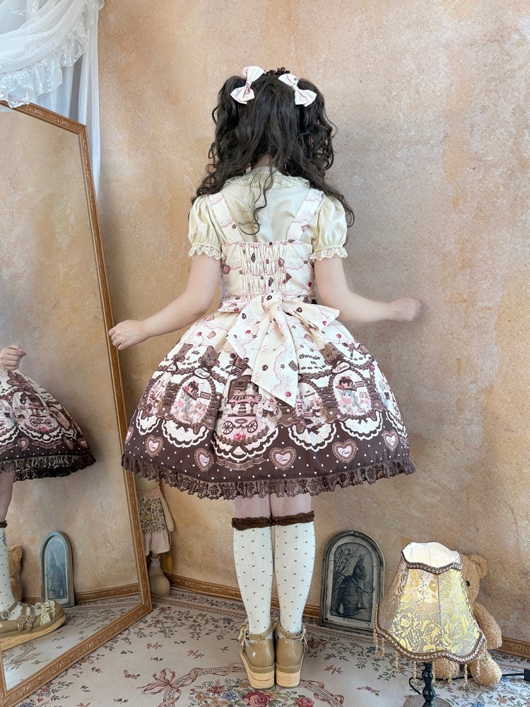 Sleeves Lolita Floral with Puff JSK Theme Cat Dress Sweet Chocolate Print