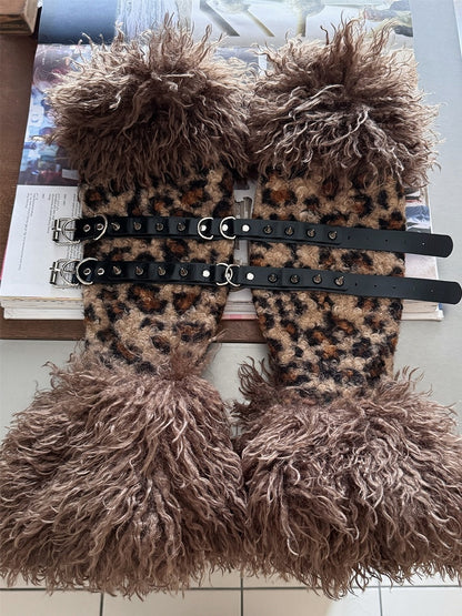 Brown Leopard Stud Buckle Straps Shaggy Leg Warmers