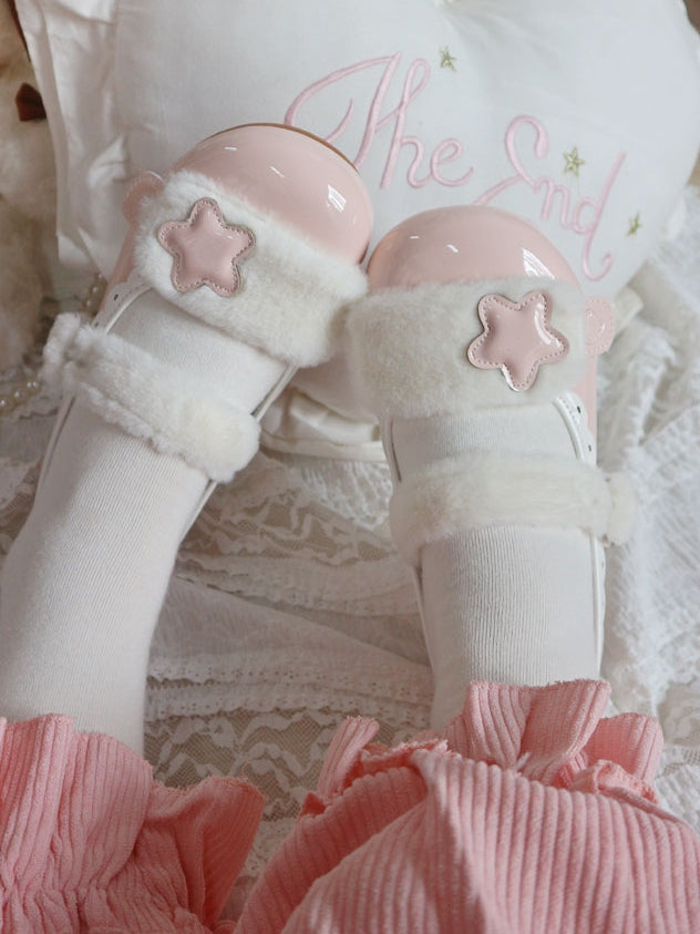 Accent Plush Star Sweet Button Flats Weißer Riemen Druckknopf Rosa - PU