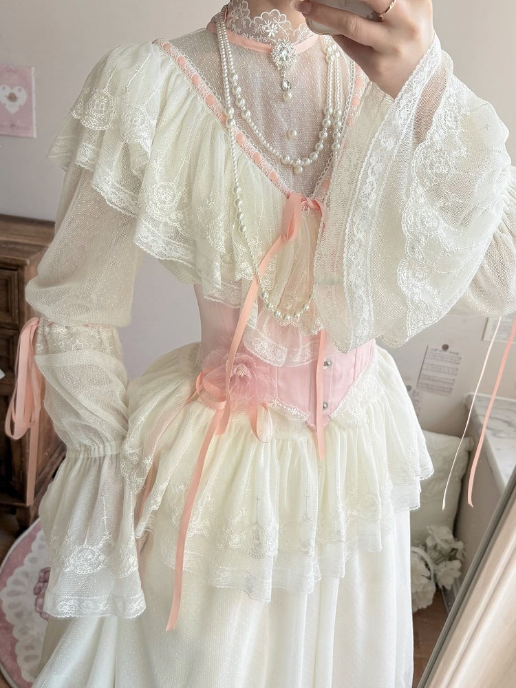 Rock-Halsketten-Hals-Langblusen-Set + Edward Lolita Pink Korsett Elegant Beige Perlen - Vollklassiker