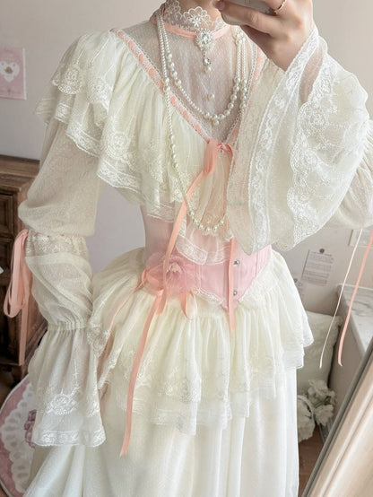 Rock-Halsketten-Hals-Langblusen-Set + Edward Lolita Pink Korsett Elegant Beige Perlen - Vollklassiker