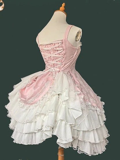 Bow Classic Dress and Pink with White Bead Elegant Layered Lolita Ruffle Accents