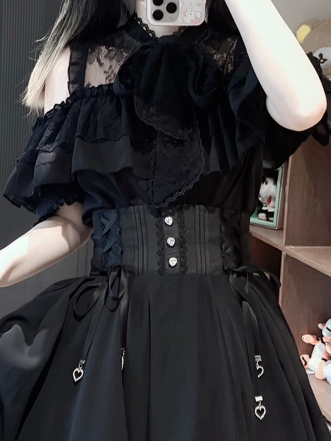 Jirai Kei Black Lace Cutout Short Sleeve Blouse with Bow Detail - YoshiKi