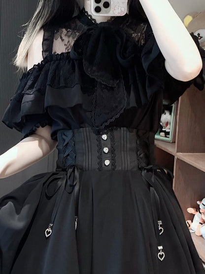 Jirai Kei Black Lace Cutout Short Sleeve Blouse with Bow Detail - YoshiKi