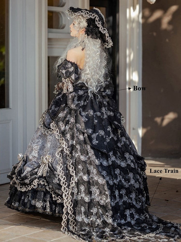 Lolita Gray Long Off-Shoulder Gown Lace Details with Ruffles Version Layered and Hime Hanayome Black Bow
