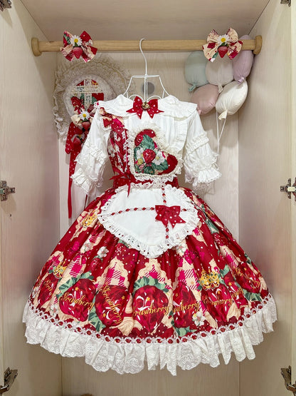 Red Sweet Apron Dress Print Strap Overall Lolita One-shoulder with Strawberry Heart