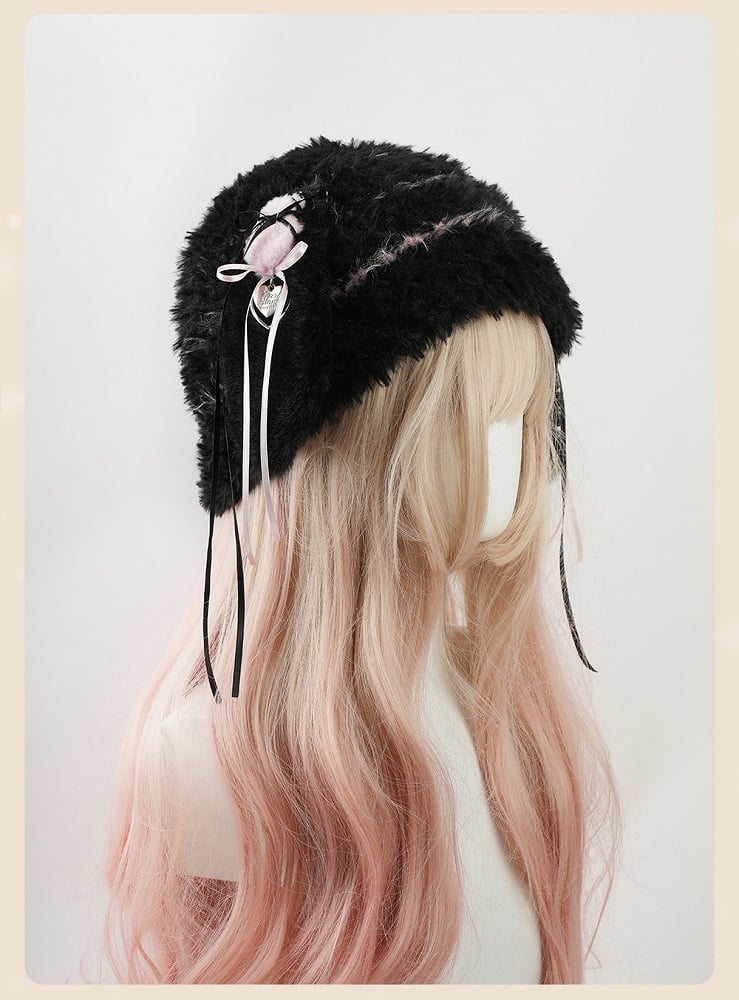 Black and Pink Plush Hat with Detachable Bunny Ears