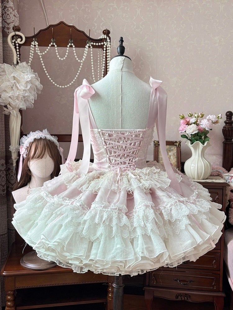 Balletcore Lolita-Pulloverrock mit Taillenstäbchen, Prinzessinnen-Baskenrock, Rosa