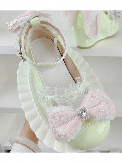 Green Kawaii Crystal Bow Round Toe Slope Heel Shoes - Meng Ka Jiang