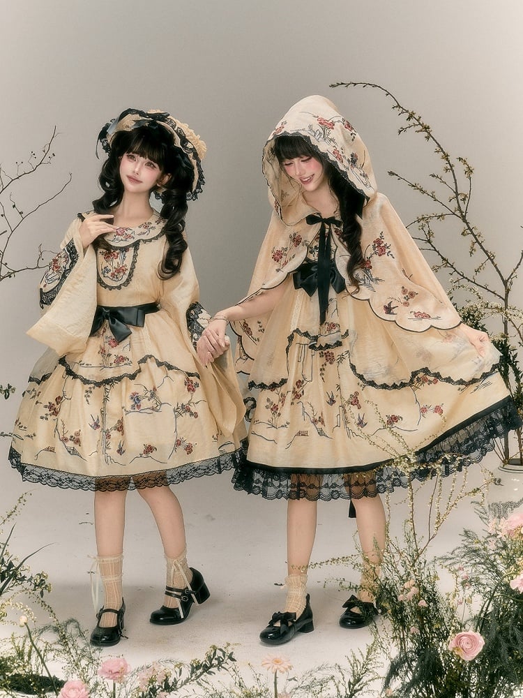Han Lolita Sleeveless Dress with Floral Bird Print and Embroidery - Yimu Walnut