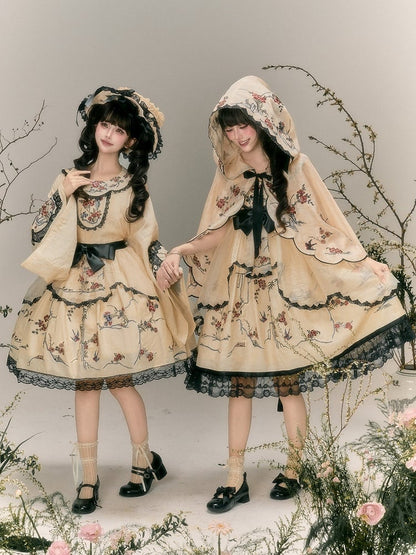 Han Lolita Sleeveless Dress with Floral Bird Print and Embroidery - Yimu Walnut