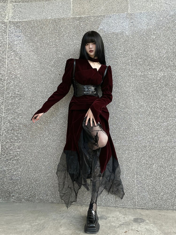 Gothic Wine Red Velvet Handkerchief Hem Midi Length Dress