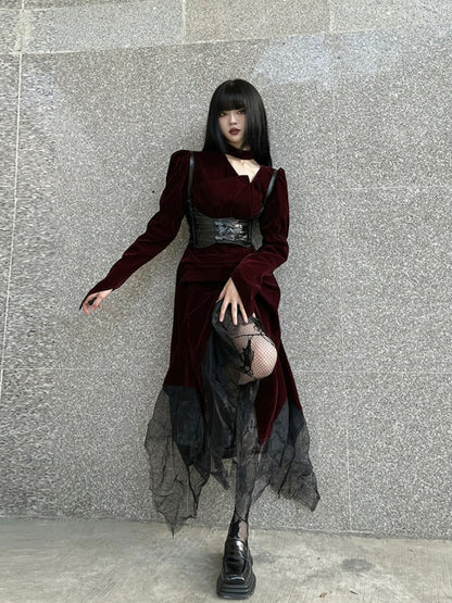 Gothic Wine Red Velvet Handkerchief Hem Midi Length Dress