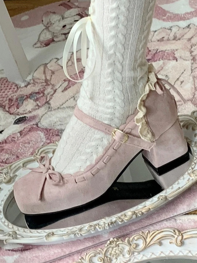 Mid - Toe Bow Lolita Pink Elegant for Square Heel Mary Janes Accent with