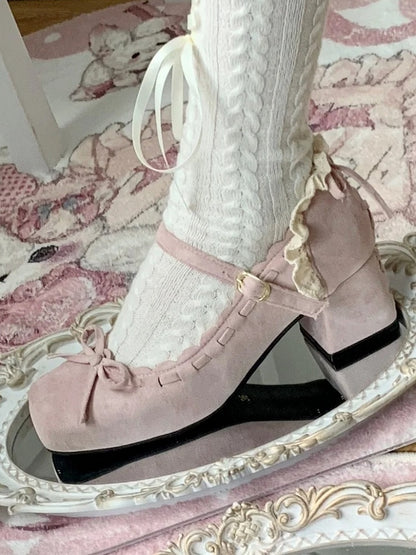 Mid - Toe Bow Lolita Pink Elegant for Square Heel Mary Janes Accent with