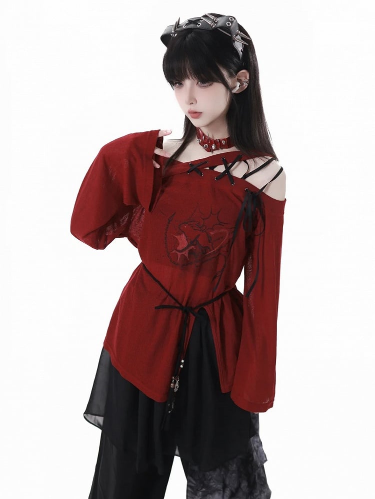 Hem Slit Neckline Red Coverup Lace-up Graphic Asymmetrical