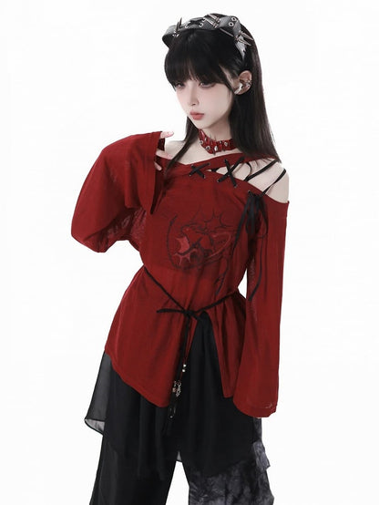 Hem Slit Neckline Red Coverup Lace-up Graphic Asymmetrical