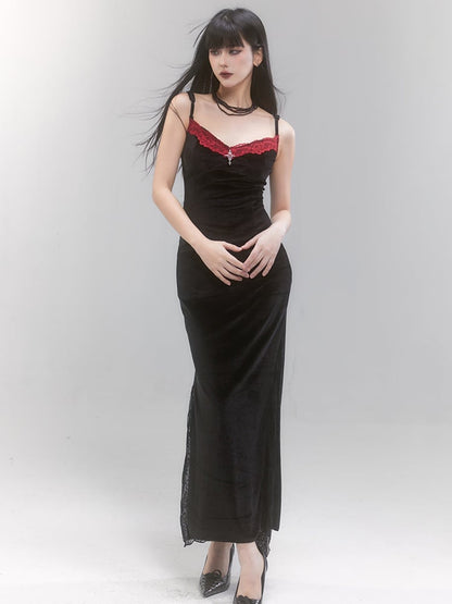 Gothic Black Cross Detail Red Lace Trim Spaghetti Strap Dress