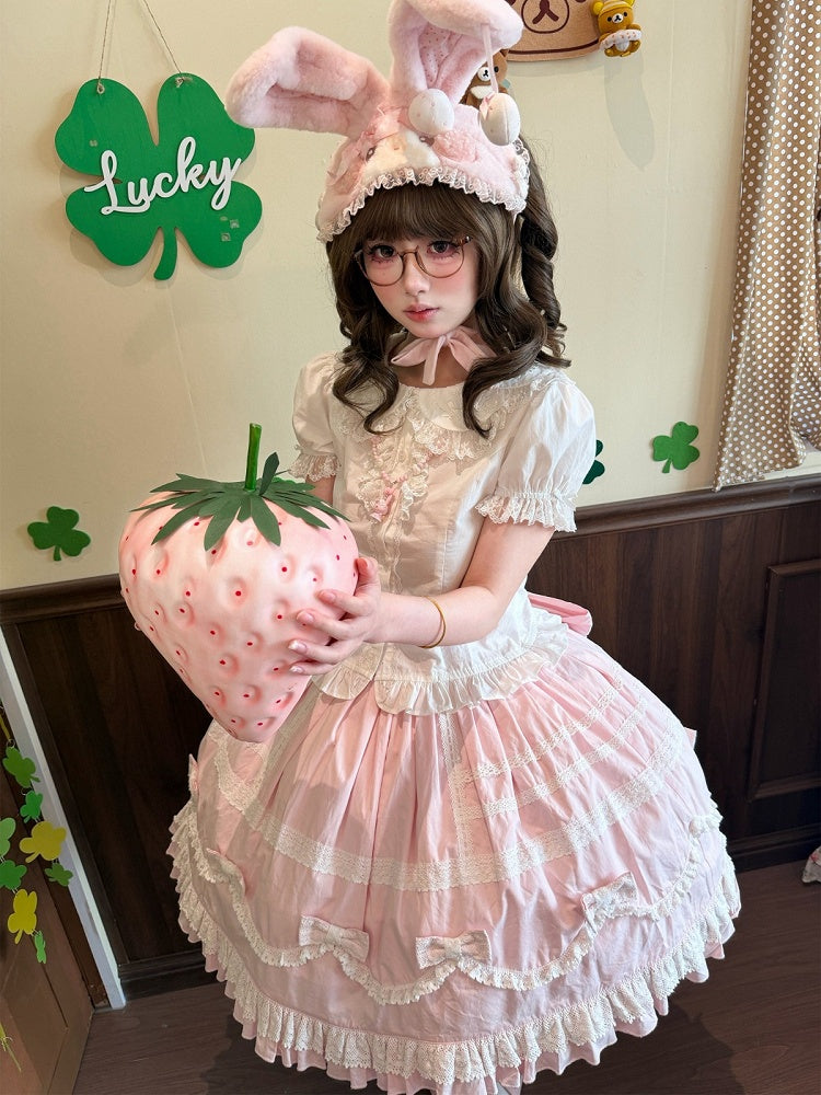 Pink & White Lace-Trimmed Skirt with Bow Accents - Hana Studio