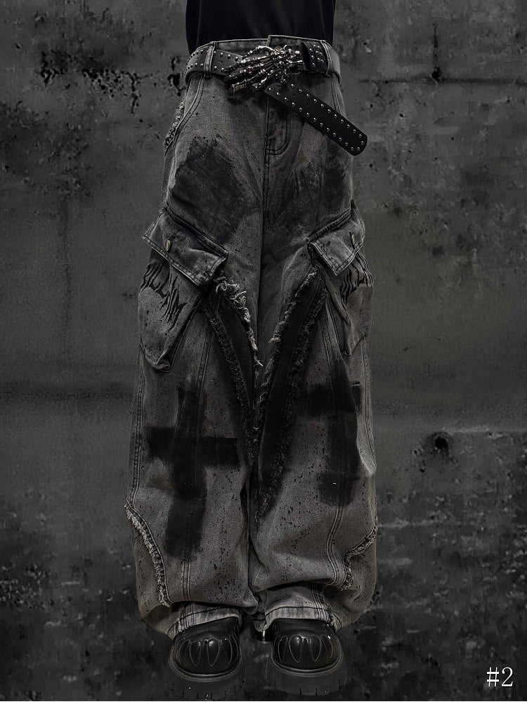 Raw Cross with Wide-Leg Grey Detailing Wasteland Hem Jeans Punk Y2K