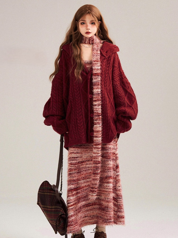 Hem Slip Dress Fringe Pink Striped Red Matching with Scarf Knit