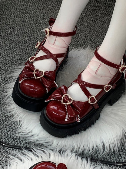 Sweet Jane PU Mary Wine Fastening Bow Red Snap Lolita Embellishments with Shoes Heart