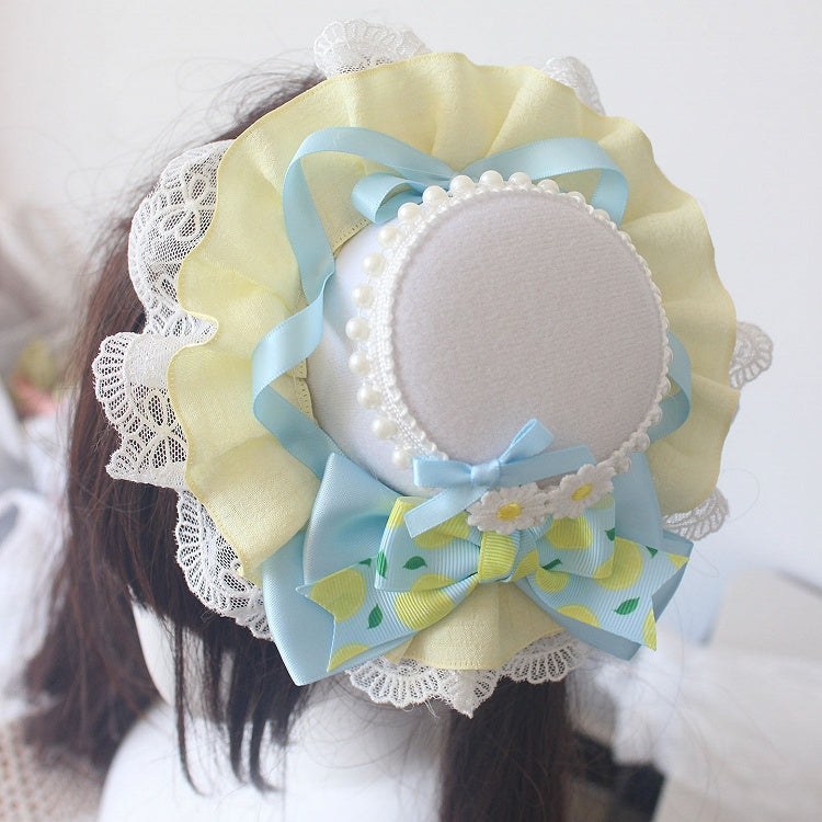 Blue Mini Bowknot Print Lemon Hat Beads Details Yellow with