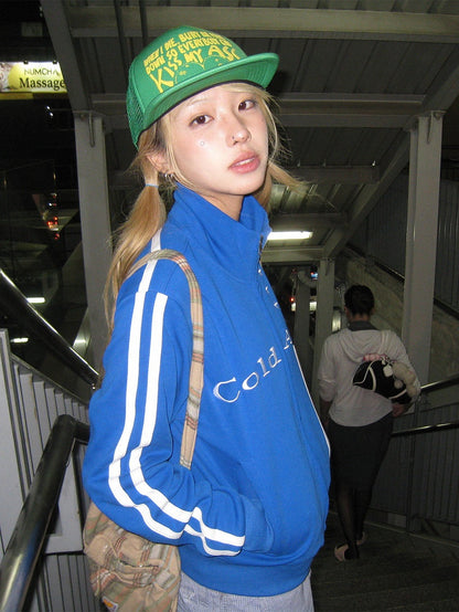 Neck Embroidery Lettering Stripe Jacket Zip Blue Mock with Trim